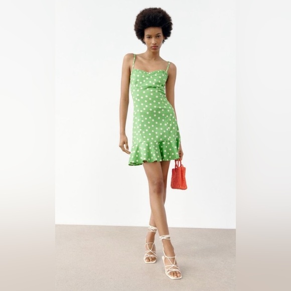 ZARA POLKA DOT PRINT DRESS SIZE XS LINEN BLEND - Picture 1 of 3